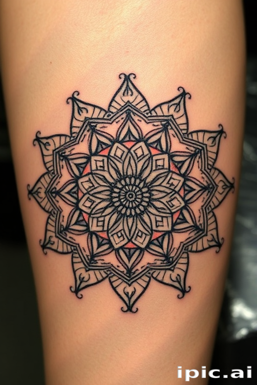 Dotwork mandala tattoo featuring intricate patterns and gradual shading, creating a three-dimensional illusion, incorporating sacred geometry, called "Dimensional Harmony"
