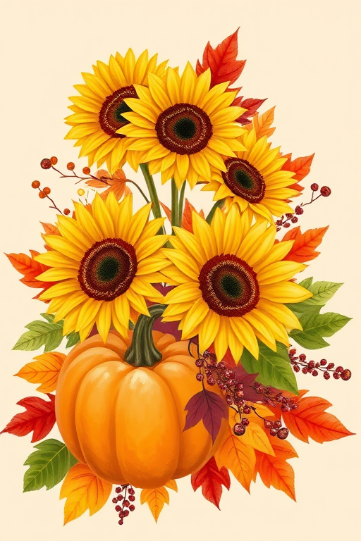 Create an illustration of a vibrant fall arrangement featuring bright orange pumpkins, large yellow sunflowers, and colorful autumn leaves in shades of red and orange. Include clusters of berries and green leaves, all set against a soft beige background to enhance the warm, seasonal feel.