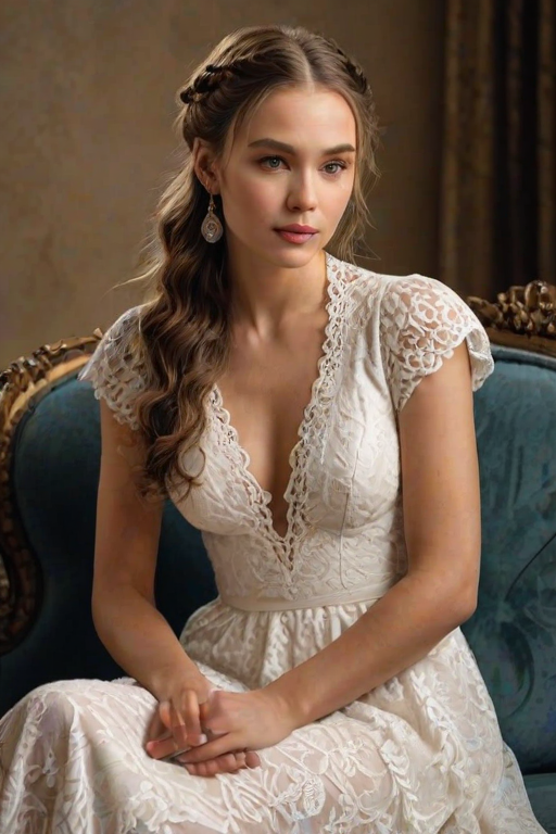 Create a portrait of a refined and elegant woman seated in a sophisticated setting. She has long, wavy hair styled in two thick braids that are pulled over her shoulders. She wears a white, lace gown with intricate patterns, featuring a deep V-neckline and short sleeves. The dress exudes a vintage charm with its delicate lacework. She is adorned with ornate, dangling earrings that add a touch of glamour to her appearance. The background is softly lit, with warm, ambient lighting that creates a cozy and inviting atmosphere. Her expression is poised and serene, capturing a sense of grace and elegance.