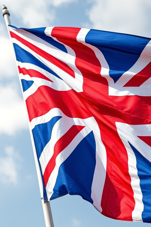 Create a high-resolution watercolor painting of the Union Jack flag waving in the wind, using a Canon EOS R5 with a 50mm lens, aperture f/1.8, ISO 100, shutter speed 1/200s, shot from a low angle to emphasize movement and detail in the fabric.