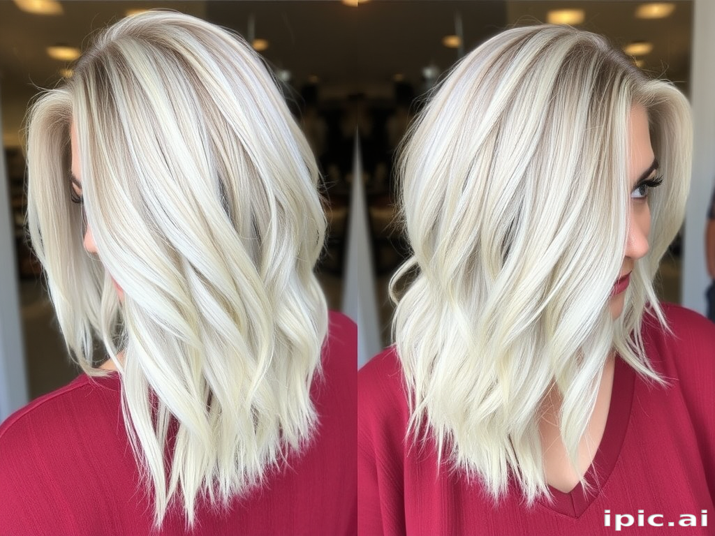 Trendy hair style exhibiting a textured lob with choppy layers and a rooted platinum blonde look blending into icy white ends
