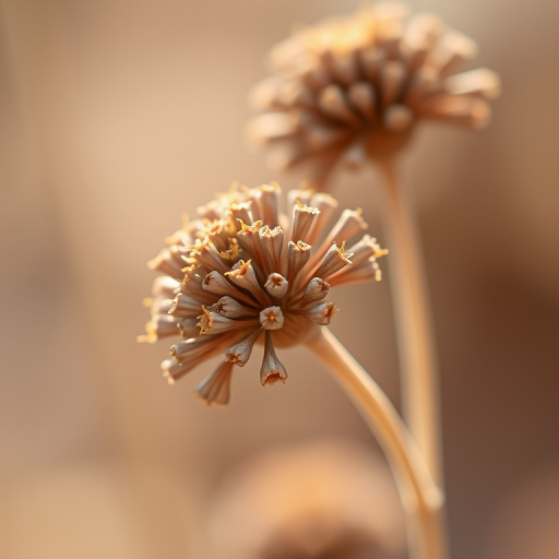 photograph a dried flower cluster with soft focus background and sharp foreground in natural light, using a DSLR camera with 50mm lens, aperture f/2.8, ISO 200, shutter speed 1/125 sec, macro view, enhance details and colors.