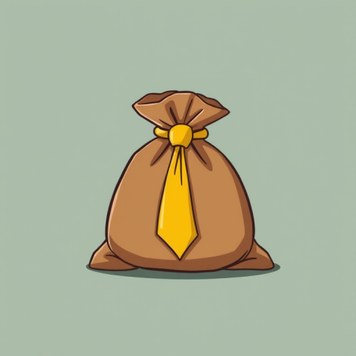 Create a high-resolution illustration of a brown sack with a golden tie, simple cartoon style, using a standard camera view with a 50mm lens, f/8 aperture, and 1/100 sec shutter speed for optimal clarity and detail.