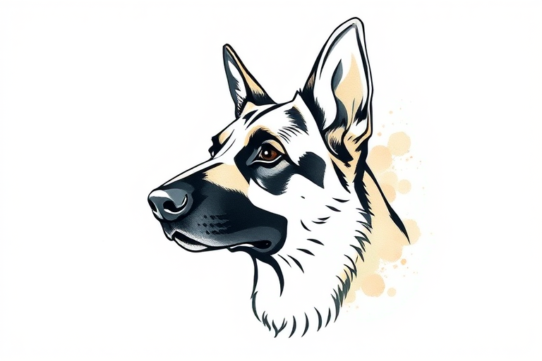 Create a high-quality digital illustration of a German Shepherd's head with a minimalist line art style, using soft watercolor splashes in the background, captured with a DSLR camera at f/2.8 aperture, 50mm lens, 1/200s shutter speed, and a slight vignette effect for depth.
