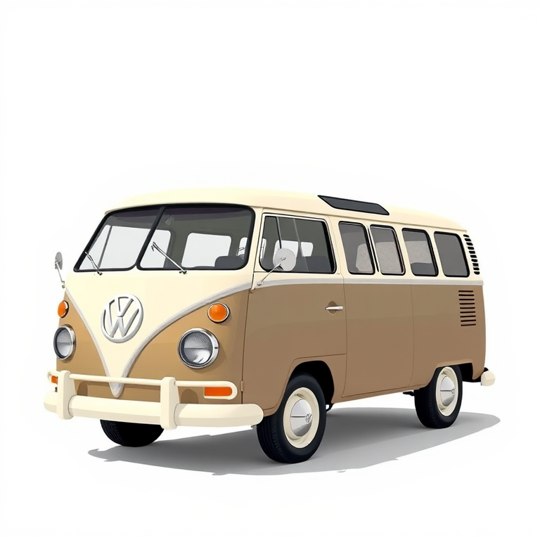 Generate an illustration of a vintage Volkswagen van in a smooth, minimalist style, captured with a Canon EOS R5 at 50mm, aperture f/8, ISO 100, using a flat lay perspective and natural lighting to enhance clarity and detail.