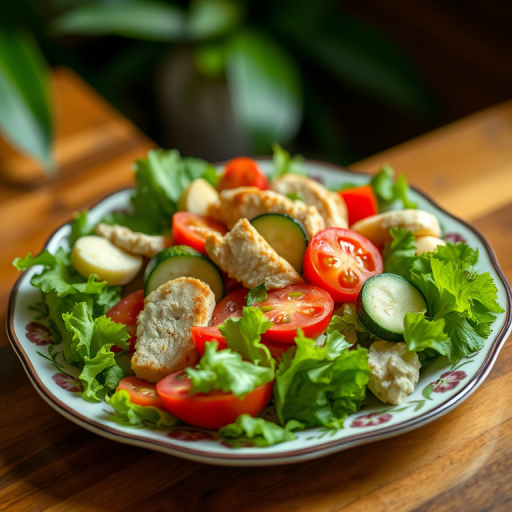 photograph of a colorful salad with chicken, tomatoes, zucchini, and lettuce on a decorative plate, shallow depth of field, natural lighting, 50mm lens, f/2.8, ISO 100, capture from a slightly elevated angle.