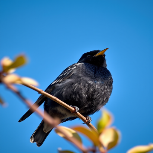 Capture a close-up of a starling perched on a branch against a clear blue sky, using a DSLR camera with a 200mm lens, aperture f/4, shutter speed 1/1000s, ISO 200, natural light, and vibrant colors to enhance detail and depth.