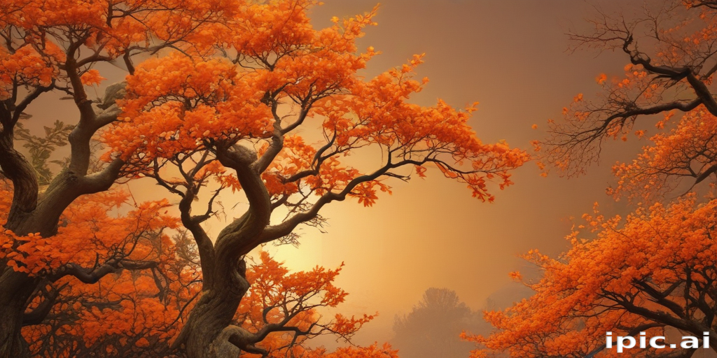 Enchanting Autumn Landscape with Vibrant Orange Leaves Under a Misty Sky