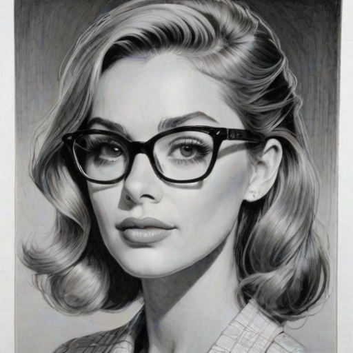 Splendid Chloe Bailey, pencil sketch, portrait of Magnificent woman 1964s in glasses, hair style beatnik, outline, clear lines, fine lines, 8k