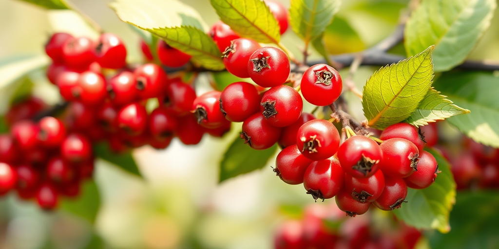Create a detailed watercolor illustration of vibrant red berries surrounded by green leaves with a soft focus background for depth, captured with a Canon EOS R5 at f/4, ISO 100, 50mm lens, in natural lighting for enhanced color saturation.