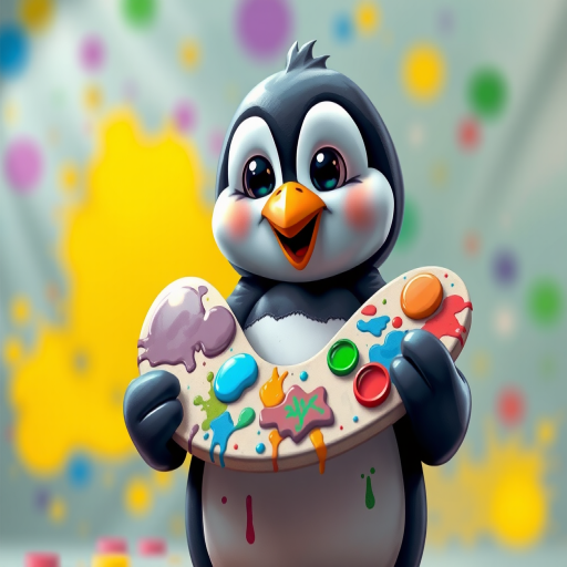 Create a cartoon-style image of a penguin artist holding a palette with colorful paint splatters, with a focus on bright colors and a playful expression, using a Canon EOS 5D Mark IV, 50mm lens, aperture f/1.8, 1/100s shutter speed, with a soft focus background to enhance depth.