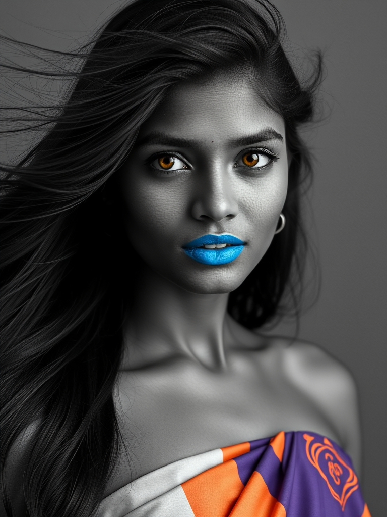 Photographic image of a beautiful young Sri Lankan woman, Yellow eyes, lips with cyan lipstick, long hair fluttering in the wind and wearing a silk strapless dress with a soft purple and orange print. monochrome image with only color highlights in the iris of the eyes, lipstick and dress. Gray background.