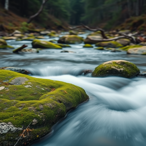 a serene landscape of a flowing river with mossy rocks, soft focus, long exposure to capture silky water movement, 16-35mm lens at f/11, ISO 100, tripod mounted, natural light in a forested setting.