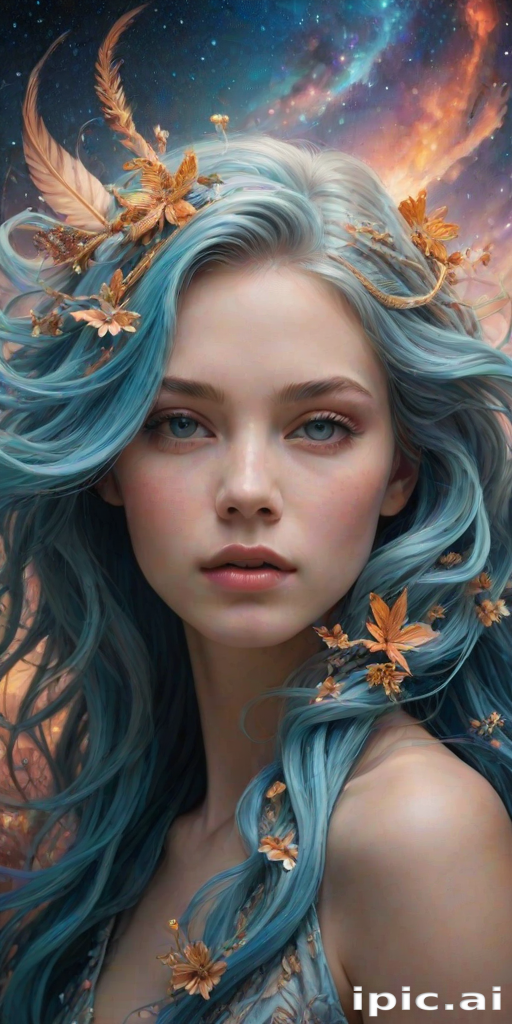Create a series of imaginative portraits where each subject is infused with elements of fantasy and nature. The hair of the individuals should flow like clouds, varying from soft, fluffy cumulus to wispy cirrus strands, with hints of color reflecting a sunset or a clear blue sky. The eyes should be windows to entire galaxies, with stars, nebulae, and distant planets visible within them. Clothing should be adorned with nature motifs, such as floral patterns that bloom and change, vines that seem to grow and wrap around, or feathers that shimmer with iridescence. Each portrait should capture a unique personality, blending human features with the ethereal beauty of the natural and cosmic world. The backgrounds can vary, from starry night skies to enchanted forests, adding depth and context to the magical realism of the portraits