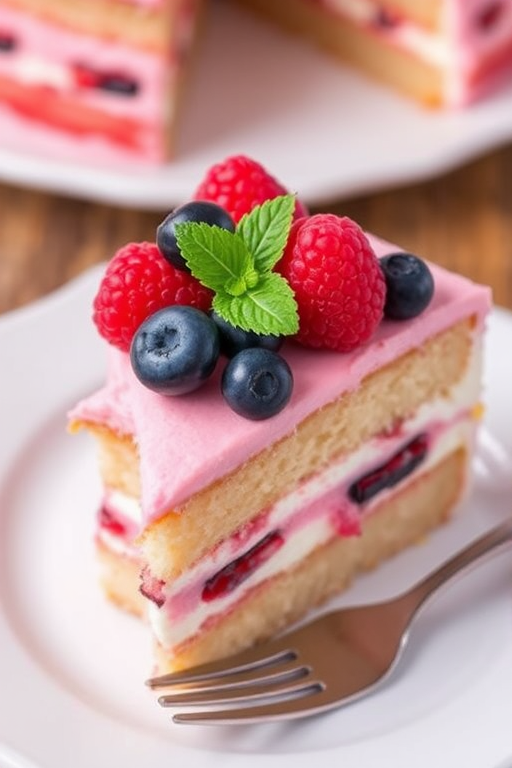A slice of layered cake with pink and white frosting showcasing mixed berries including raspberries and blueberries on top garnished with a mint leaf served on a white plate with a fork beside it.