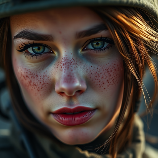 female soldier portrait, close-up, natural light, f/1.8 aperture, 50mm lens, ISO 100, shallow depth of field, vibrant colors, emphasizing freckles and hair texture, cinematic style