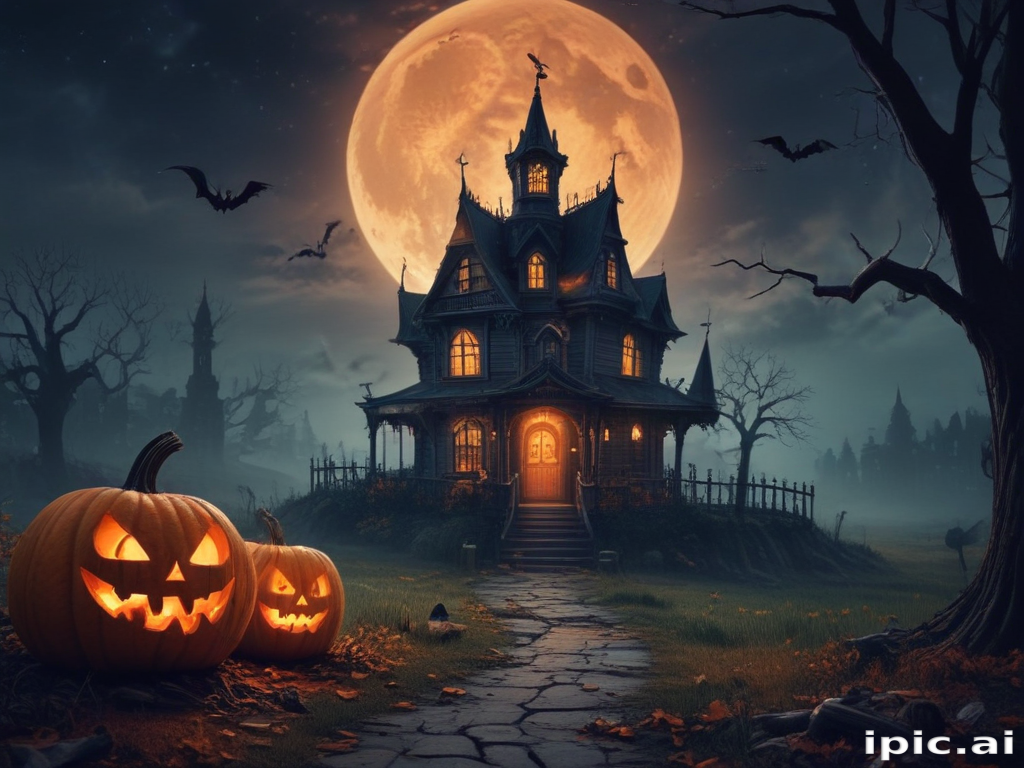 A Spooky Halloween Night Scene Featuring a Haunted House and Pumpkins.