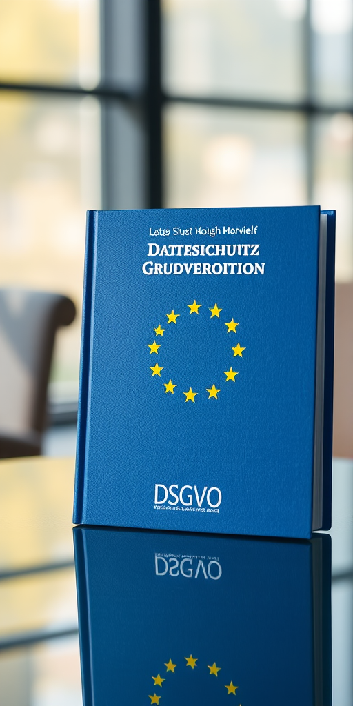 Create a high-resolution image of a blue book titled "Datenschutz Grundverordnung" with the acronym "DSGVO" on the cover, displaying the EU flag with stars, set on a reflective surface in soft natural lighting, using a DSLR camera with a 50mm lens, aperture f/1.8, ISO 100, and a shallow depth of field for a blurred background effect.