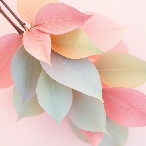 regenerate an artistic illustration of overlapping leaves in soft pastel colors with a minimalist background, use a Canon EOS R5 camera, aperture f/8, shutter speed 1/125 sec, ISO 100, top-down view, soft focus style