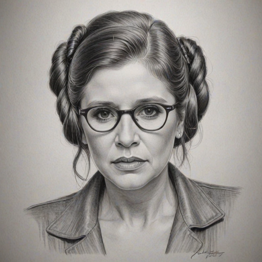Comely Carrie Fisher, pencil sketch, portrait of Resplendent woman 1939s in glasses, hair style beatnik, outline, clear lines, fine lines, 8k