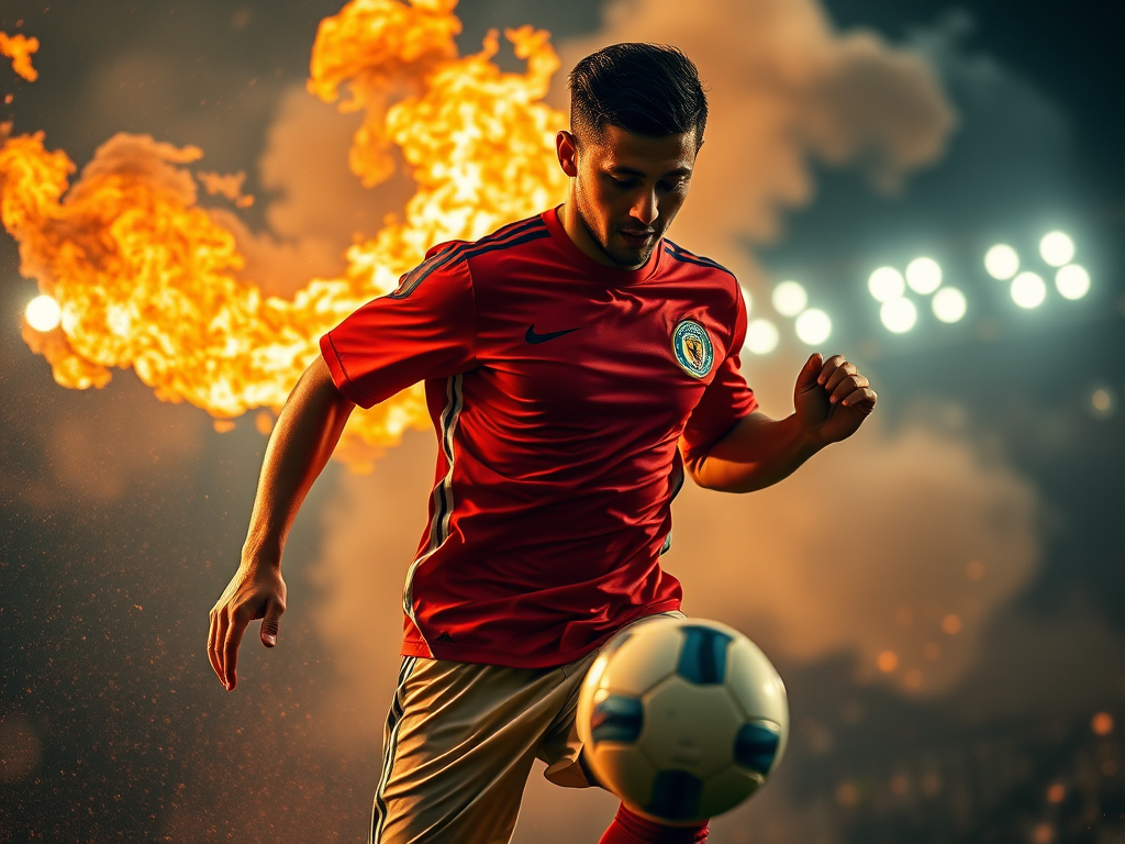 Create an image of a male soccer player in a dynamic pose, surrounded by fiery effects, using a DSLR camera with a 50mm lens, f/1.8 aperture, 1/200s shutter speed, ISO 100, shot from a low angle, with a cinematic style and dramatic lighting to enhance the visual impact.