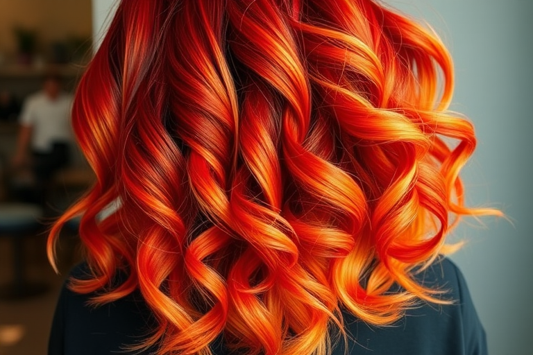 Fiery ombre locks transitioning from deep crimson roots to brilliant orange tips, styled in voluminous curls, dubbed "Phoenix Rising" hair, with subtle smoky undertones