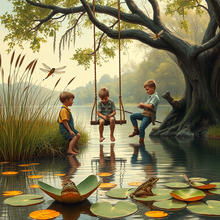Imagine a small group of old fashioned young boys out fishing by the creek, a swing hanging from a tree branch, reeds and grasses by the water's edge, a frog sitting on a lily pad, dragonflies hovering over som water plans, a very iconic old fashioned scene reminiscent of a Norman Rockwell painting style
