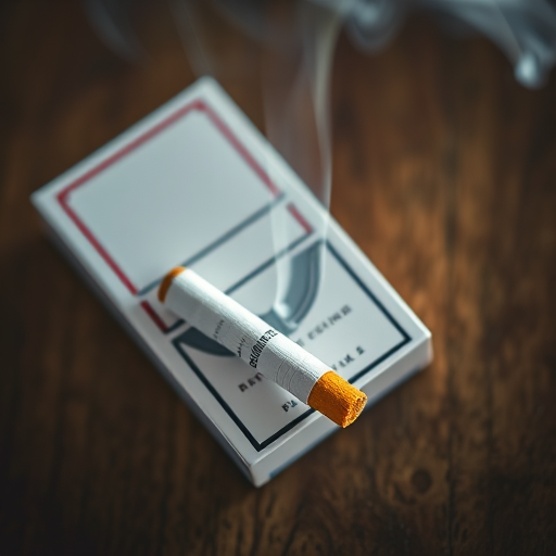 Create an image of a matchbox with a cigarette resting on it, smoke gently rising from the cigarette, taken with a DSLR camera at f/2.8, ISO 100, 50mm lens, top-down view, with a soft focus effect to enhance the details and colors.