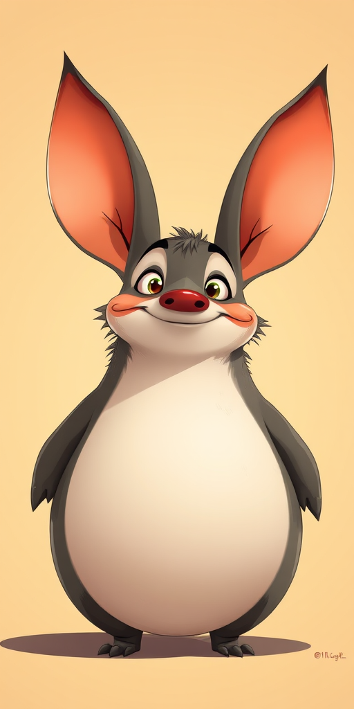 Create a cartoon-style illustration of a quirky creature with oversized ears and a round body, emphasizing exaggerated features and playful expressions, using a DSLR camera at f/2.8, 50mm lens, shot from a low angle to enhance depth and detail, bright lighting to accentuate colors and textures.