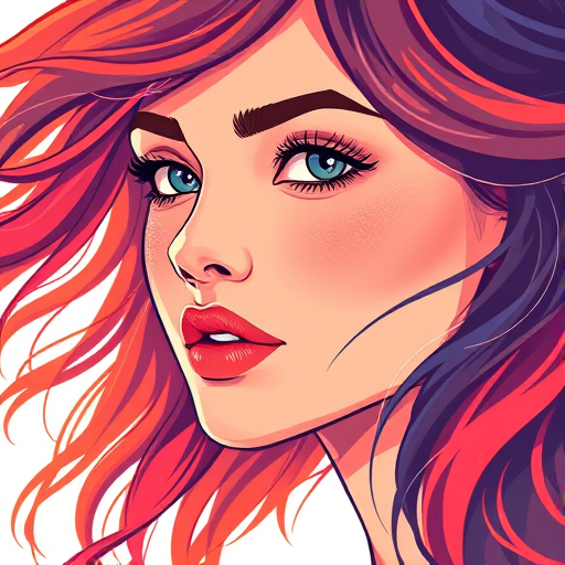 Create a vibrant illustration of a woman's face with flowing hair, using a Canon EOS R5 with a 50mm lens, f/1.8 aperture, ISO 100, 1/200 sec shutter speed, in a portrait orientation and soft lighting style.