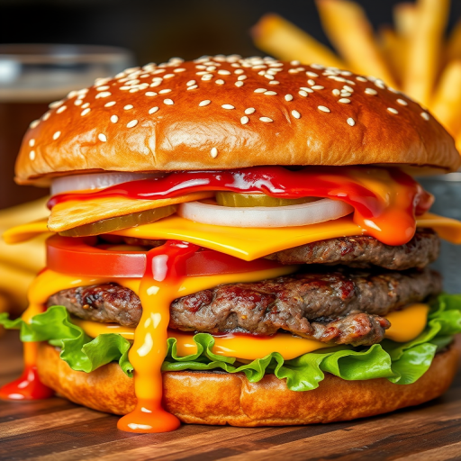 High-resolution, close-up image of a gourmet double cheeseburger. The burger features a glossy, sesame-seed-topped brioche bun. Inside, there are two thick, juicy beef patties, each topped with melted cheddar cheese. The burger is garnished with fresh lettuce, tomato slices, diced onions, and pickles. A generous amount of ketchup and a creamy, orange-colored sauce is dripping down the sides, adding to the mouth-watering appeal. In the background, there are blurred elements including a side of golden French fries and a hint of a beverage, enhancing the overall presentation of a delicious meal.