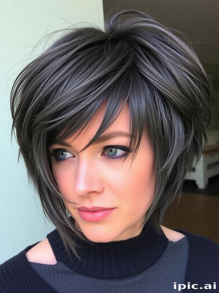 Charcoal grey long pixie cut called "Smoky Quartz" featuring textured layers and wispy bangs, styled with a tousled, bedhead look for effortless cool