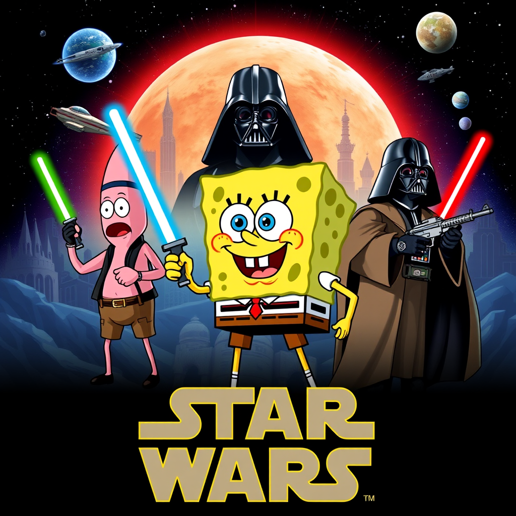Create a parody of the Star Wars poster with SpongeBob as Luke Skywalker, holding a glowing spatula like a lightsaber. Patrick Star takes the role of Han Solo, holding a blaster, while Squidward is Obi-Wan Kenobi, draped in robes. In the background, Plankton appears as Darth Vader, with Bikini Bottom’s landmarks reimagined as spaceships and planets. The iconic Star Wars logo is swapped for "Sponge Wars," creating a playful, sci-fi adventure scene.