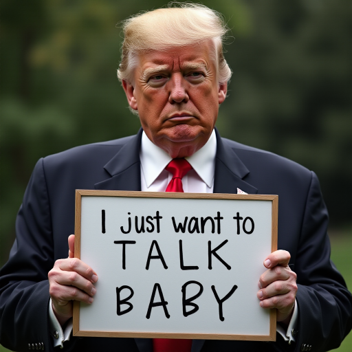 a photo of donald trump holding a sign board with a text "i just want to talk baby"