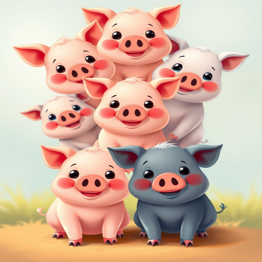 Create a vibrant and playful illustration of cute cartoon pigs with various facial expressions, showcasing six distinct pig characters; use a Canon EOS R5, 50mm f/1.8 lens, shoot in portrait orientation, natural lighting, and a soft-focus background for enhanced image quality.