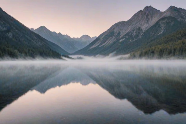 Soft-focus image of a serene mountain landscape at dawn, with mist rolling over the peaks, soft pastels in the sky, and a still lake perfectly mirroring the scene.