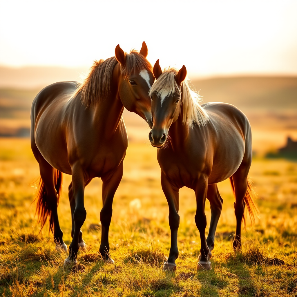 two horses nuzzling each other in a grassy landscape during golden hour with soft sunlight illuminating their coats