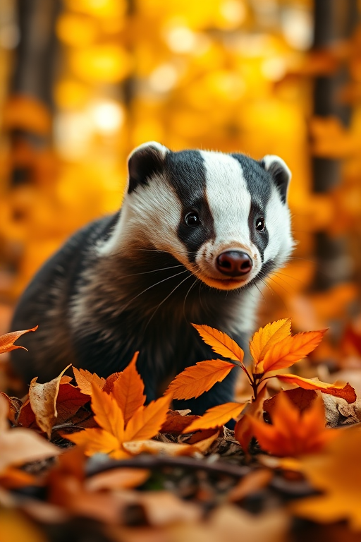 Create a realistic depiction of a cute badger in an autumn forest, surrounded by vibrant orange and yellow leaves, soft natural lighting, shot with a Canon EOS 5D Mark IV, 50mm lens, aperture f/1.8, shallow depth of field, focus on the badger, bokeh background.