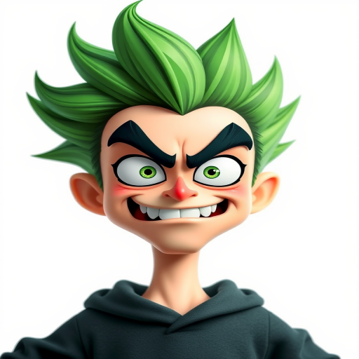 Create a vibrant cartoon character with wild green hair and a manic expression, set against a clean white background, using a DSLR camera with a 50mm lens, aperture set to f/2.8, ISO 100, and a slight vignette effect for enhanced depth.