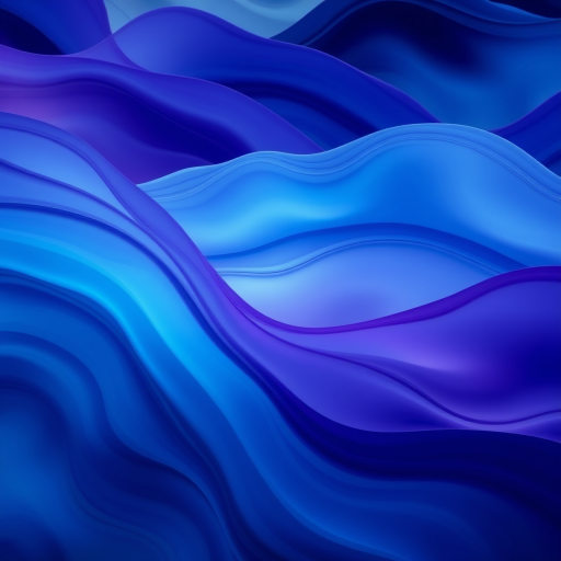 Create an abstract image of flowing waves in various shades of blue and purple, using a Canon EOS R5 with an 85mm f/1.2 lens, ISO 100, aperture f/1.8, and a soft-focus style to enhance the fluidity and softness of the colors.