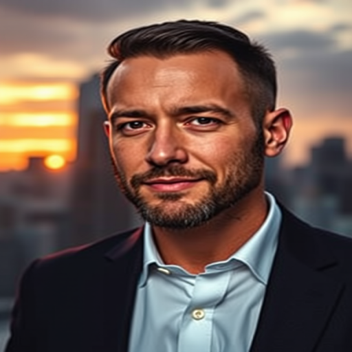 portrait of a confident man in a suit with a city skyline background during sunset, using a 50mm lens, f/2.8 aperture, soft focus with high dynamic range, captured on a full-frame DSLR camera
