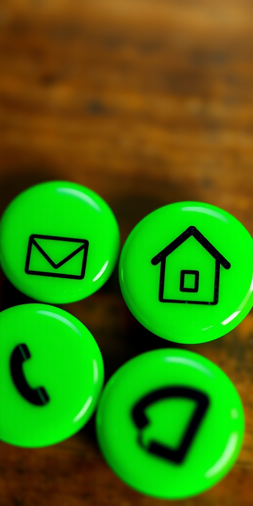 Create an image of four green glossy circular icons with black symbols: a fax machine, an email symbol, a house, and a telephone, with a high-resolution setting, soft focus style, taken from a top-down view using a DSLR camera with f/2.8 aperture and ISO 100.