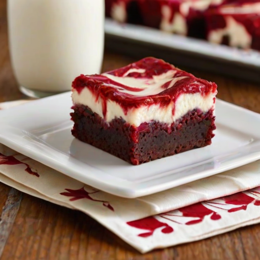Create an image of red velvet cheesecake brownies. Show a close-up of a few brownies with a rich red and cream swirl on top. Include a cut brownie in the center to reveal the creamy texture inside. The brownies should be arranged on a white plate or parchment paper, highlighting their moist appearance and vibrant colors.