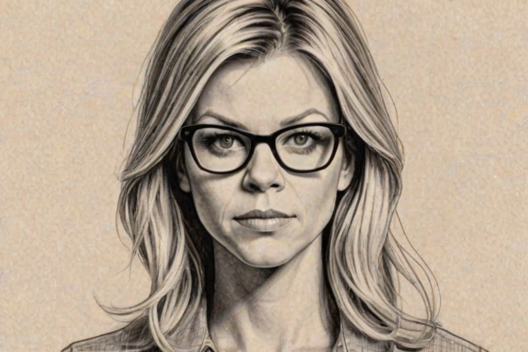 Bewitching Kaitlin Olson, pencil sketch, portrait of Appealing woman 1954s in glasses, hair style beatnik, outline, clear lines, fine lines, 8k