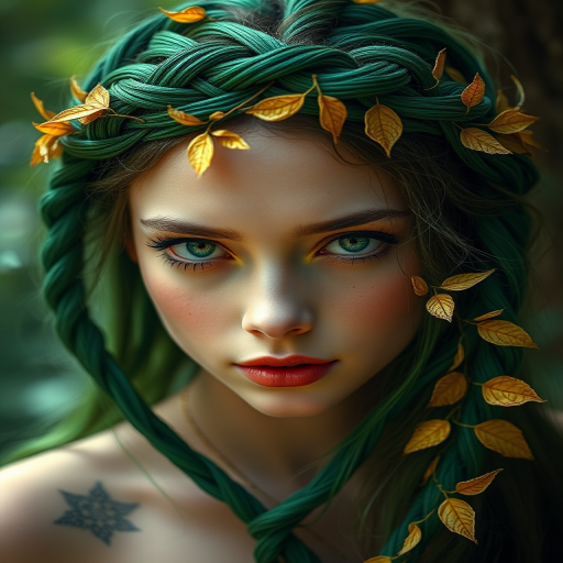 Enchanting emerald green braided crown intertwined with delicate golden leaves, evoking a mystical forest nymph aura, named "Verdant Whisper"