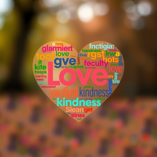 Generate an image of a heart shape filled with colorful words related to love and kindness, shot with a Canon EOS R, 50mm lens at f/1.8, ISO 100, 1/125s, softly blurred background for depth.