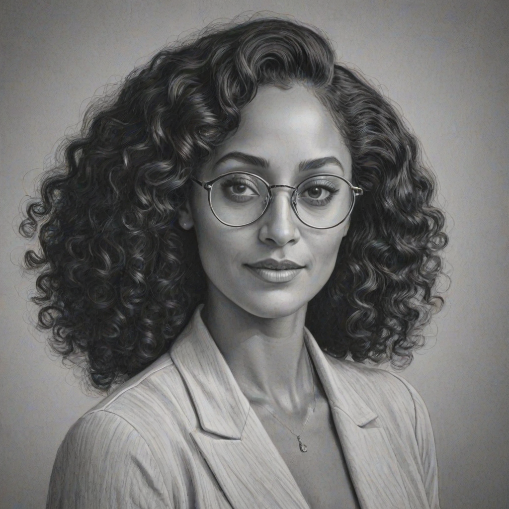Comely Tracee Ellis Ross, pencil sketch, portrait of Alluring woman 1943s in glasses, hair style beatnik, outline, clear lines, fine lines, 8k
