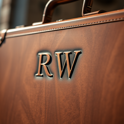 Create a highly detailed image of a bronze briefcase with the initials "RW" engraved on it, taken with a Canon EOS 5D Mark IV at f/2.8, ISO 100, 50mm lens, from a low angle to emphasize the texture, captured in natural daylight with soft shadows.