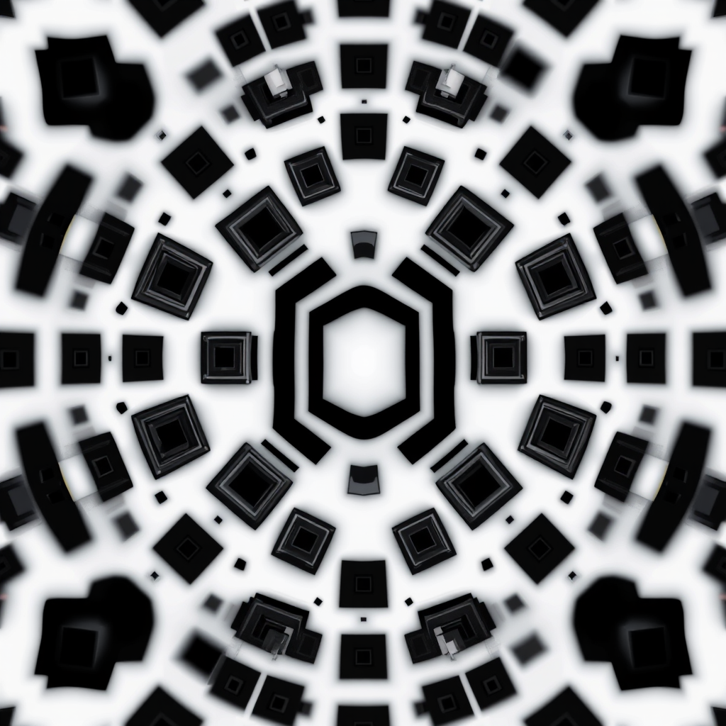 Create a fractal pattern featuring black squares in the center surrounded by smaller black squares on a white background with high contrast, using a Canon EOS R5 camera, 24mm lens, f/8 aperture, ISO 100, and a symmetrical perspective.