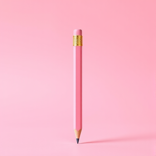 Create a high-resolution image of a pink pencil standing vertically against a solid pink background, using a DSLR camera with a 50mm f/1.8 lens, aperture set to f/2.8, ISO 100, and a shallow depth of field for enhanced focus on the pencil.